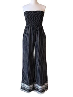 PEYTON JENSEN Strapless Size XL Jumpsuit Black Smocked Wide-Leg EVEREVE